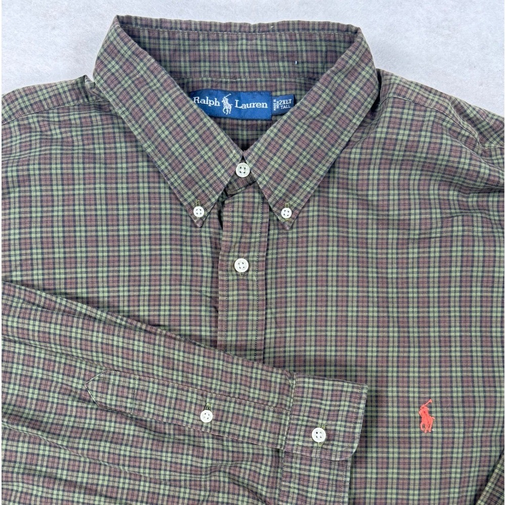 Ralph Lauren Plaid Button Down Shirt Mens 2XLT Tall Green Brown Long Sleeve Pony